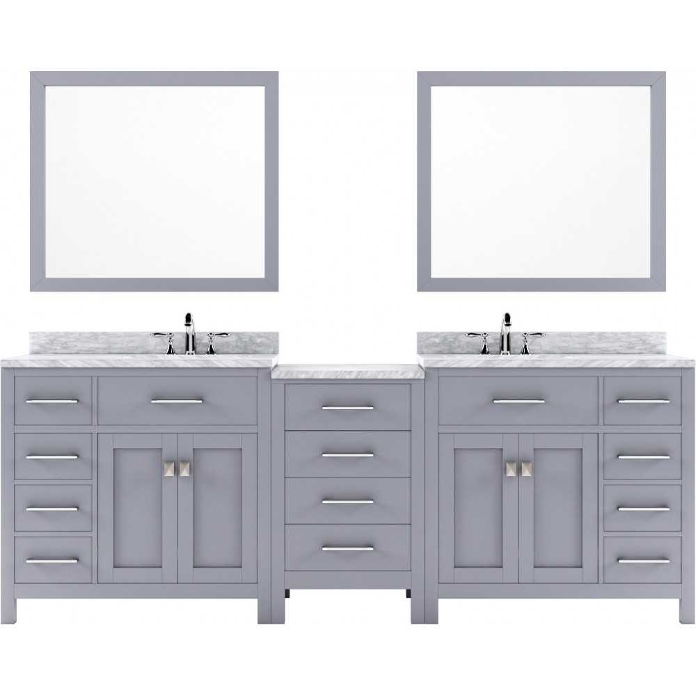 Caroline Parkway 93" Double Bath Vanity in Gray with White Marble Top and Round Sinks with Polished Chrome Faucets and Mirror