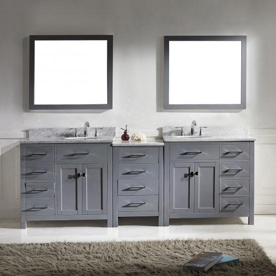 Caroline Parkway 93" Double Bath Vanity in Gray with White Marble Top and Round Sinks with Polished Chrome Faucets and Mirror