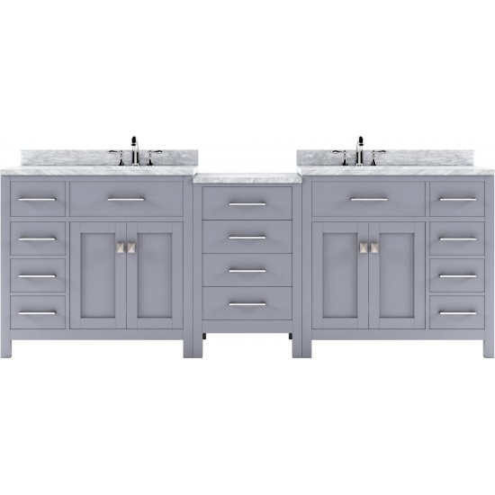 Caroline Parkway 93" Double Bath Vanity in Gray with White Marble Top and Round Sinks