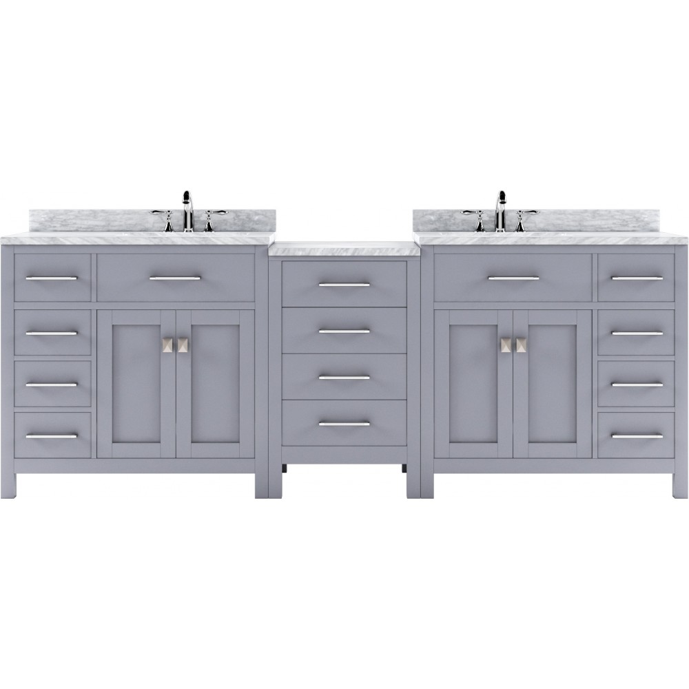 Caroline Parkway 93" Double Bath Vanity in Gray with White Marble Top and Round Sinks