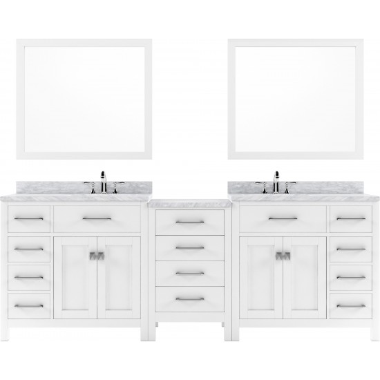 Caroline Parkway 93" Double Bath Vanity in White with White Marble Top and Round Sinks and Matching Mirror