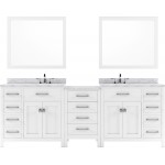 Caroline Parkway 93" Double Bath Vanity in White with White Marble Top and Round Sinks with Brushed Nickel Faucets and Mirror