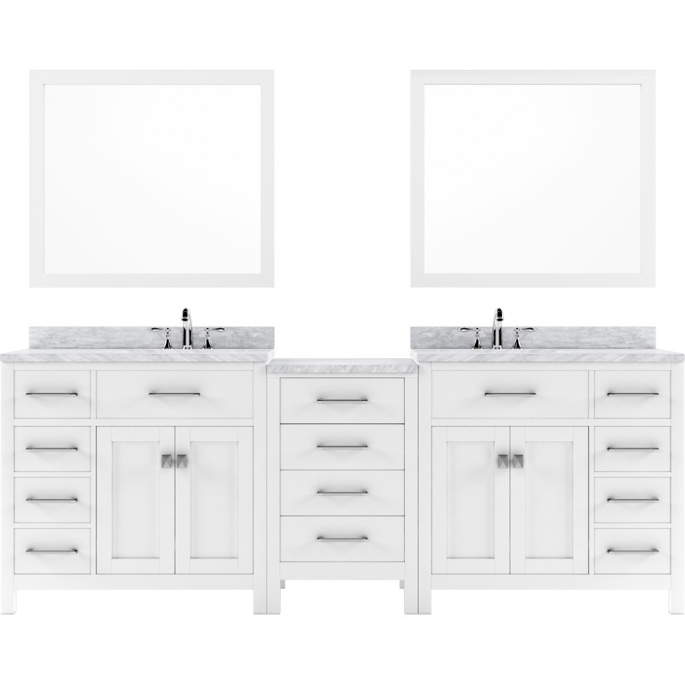 Caroline Parkway 93" Double Bath Vanity in White with White Marble Top and Round Sinks with Brushed Nickel Faucets and Mirror