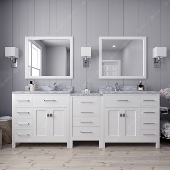 Caroline Parkway 93" Double Bath Vanity in White with White Marble Top and Round Sinks with Brushed Nickel Faucets and Mirror