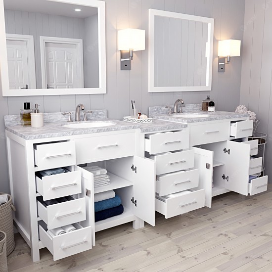 Caroline Parkway 93" Double Bath Vanity in White with White Marble Top and Round Sinks with Brushed Nickel Faucets and Mirror