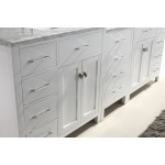 Caroline Parkway 93" Double Bath Vanity in White with White Marble Top and Round Sinks with Brushed Nickel Faucets and Mirror