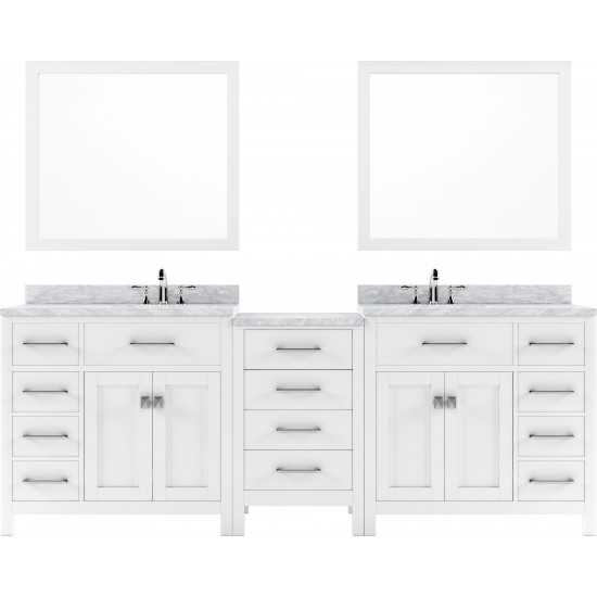 Caroline Parkway 93" Double Bath Vanity in White with White Marble Top and Round Sinks with Polished Chrome Faucets and Mirro