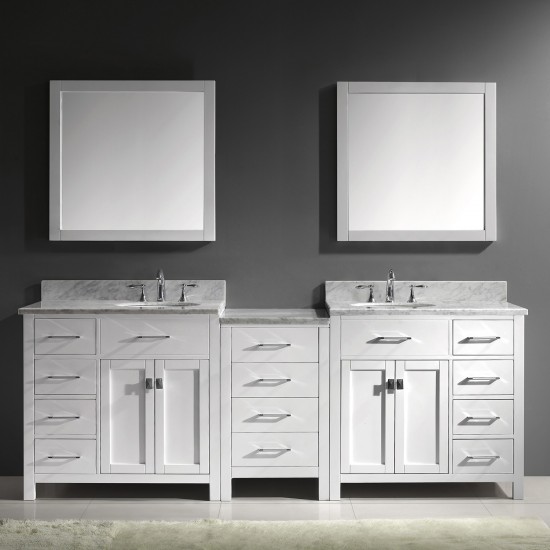 Caroline Parkway 93" Double Bath Vanity in White with White Marble Top and Round Sinks with Polished Chrome Faucets and Mirro