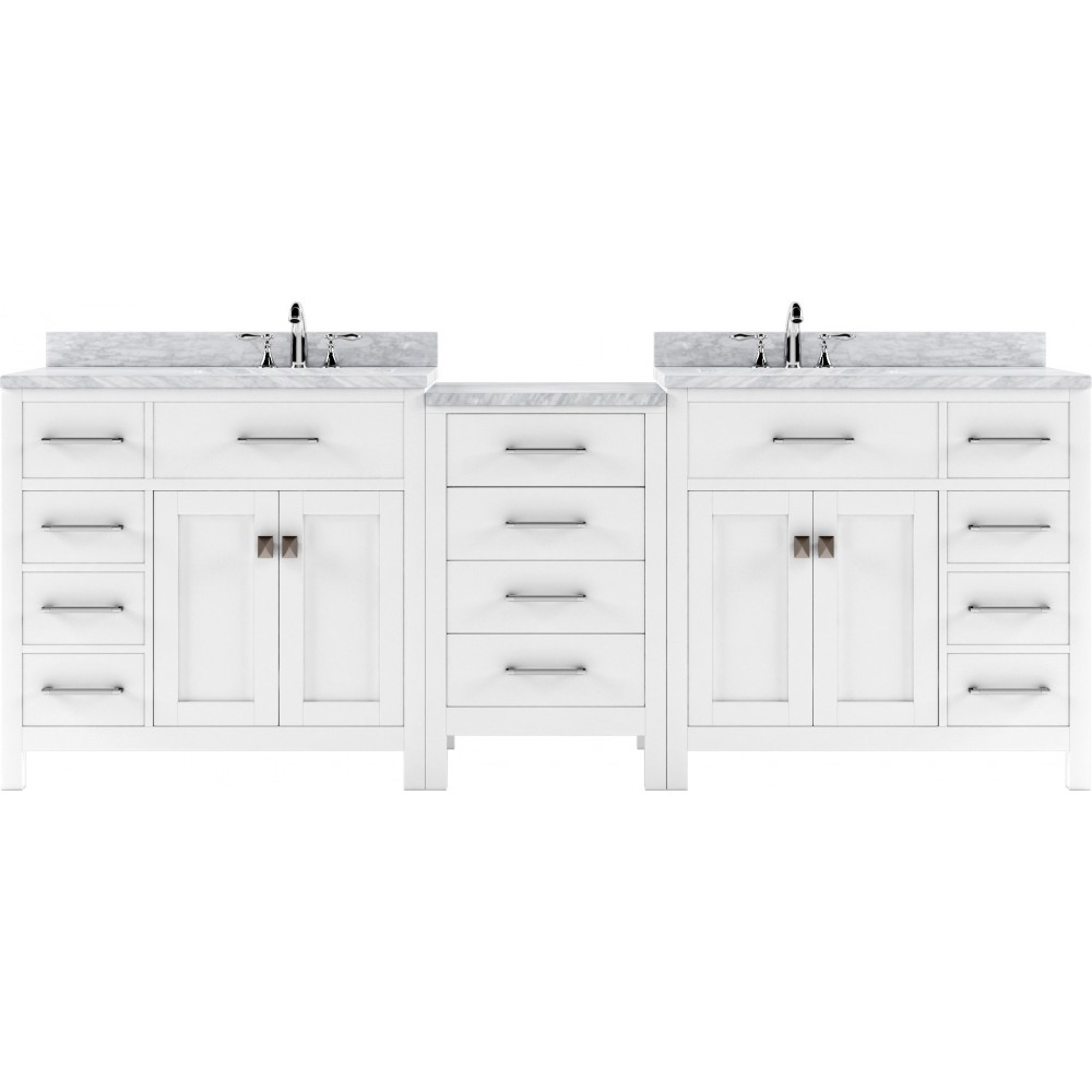 Caroline Parkway 93" Double Bath Vanity in White with White Marble Top and Round Sinks