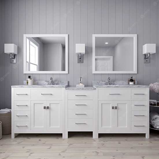 Caroline Parkway 93" Double Bath Vanity in White with White Marble Top and Round Sinks