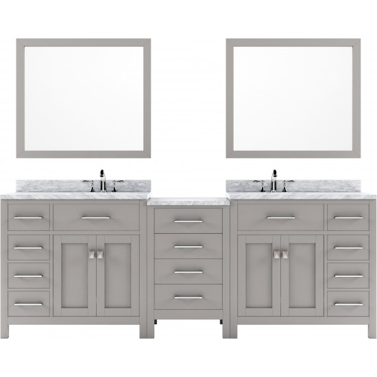 Caroline Parkway 93" Double Bath Vanity in Cashmere Gray with White Marble Top and Square Sinks and Matching Mirror