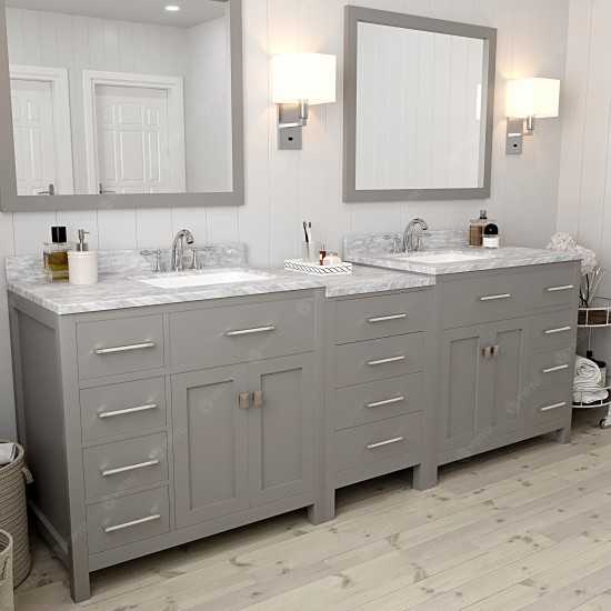 Caroline Parkway 93" Double Vanity in Cashmere Gray with White Marble Top, Square Sinks with Polished Chrome Faucets, Mirror