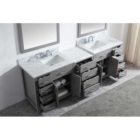 Caroline Parkway 93" Double Vanity in Cashmere Gray with White Marble Top, Square Sinks with Polished Chrome Faucets, Mirror