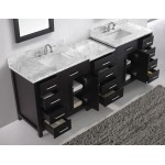 Caroline Parkway 93" Double Vanity in Espresso with White Marble Top and Square Sinks with Brushed Nickel Faucets and Mirror