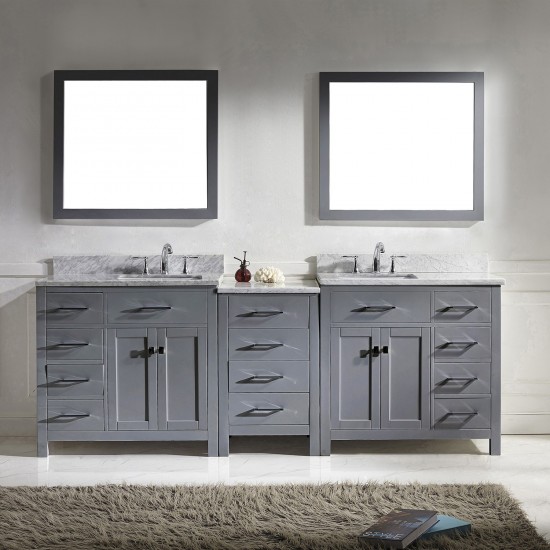 Caroline Parkway 93" Double Bath Vanity in Gray with White Marble Top and Square Sinks and Matching Mirror