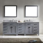 Caroline Parkway 93" Double Bath Vanity in Gray with White Marble Top and Square Sinks with Brushed Nickel Faucets and Mirror