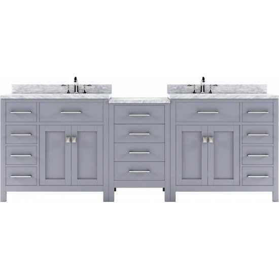 Caroline Parkway 93" Double Bath Vanity in Gray with White Marble Top and Square Sinks