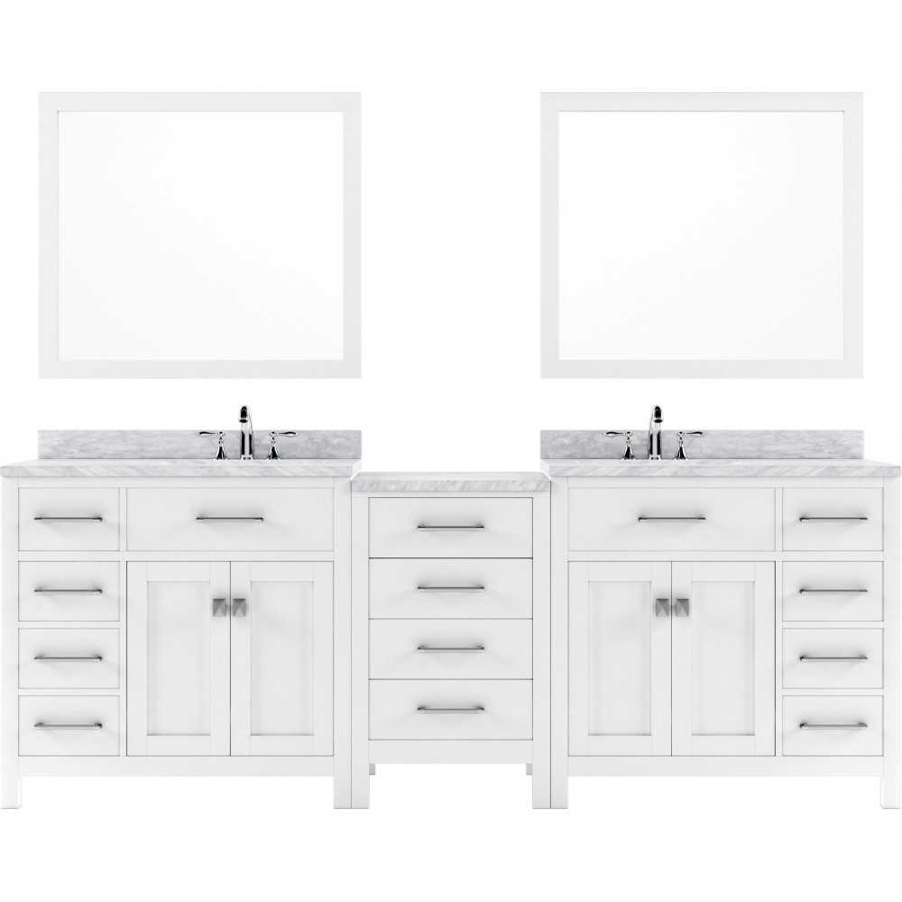 Caroline Parkway 93" Double Bath Vanity in White with White Marble Top and Square Sinks and Matching Mirror