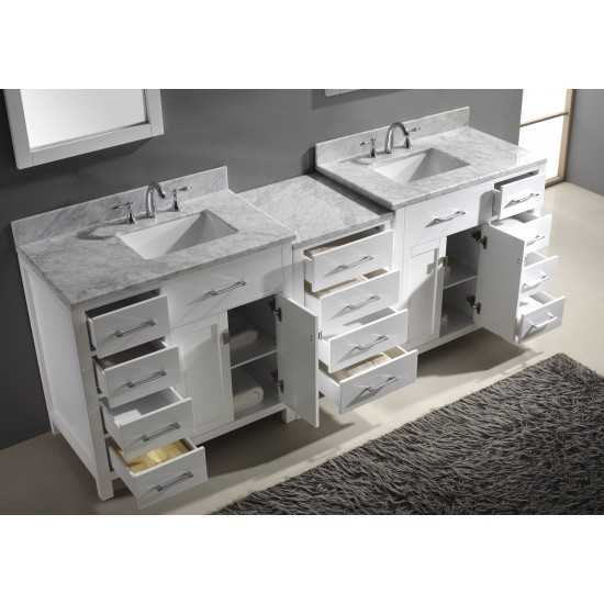 Caroline Parkway 93" Double Bath Vanity in White with White Marble Top and Square Sinks with Brushed Nickel Faucets and Mirro