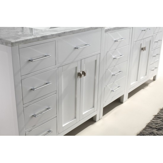 Caroline Parkway 93" Double Bath Vanity in White with White Marble Top and Square Sinks with Polished Chrome Faucets and Mirr