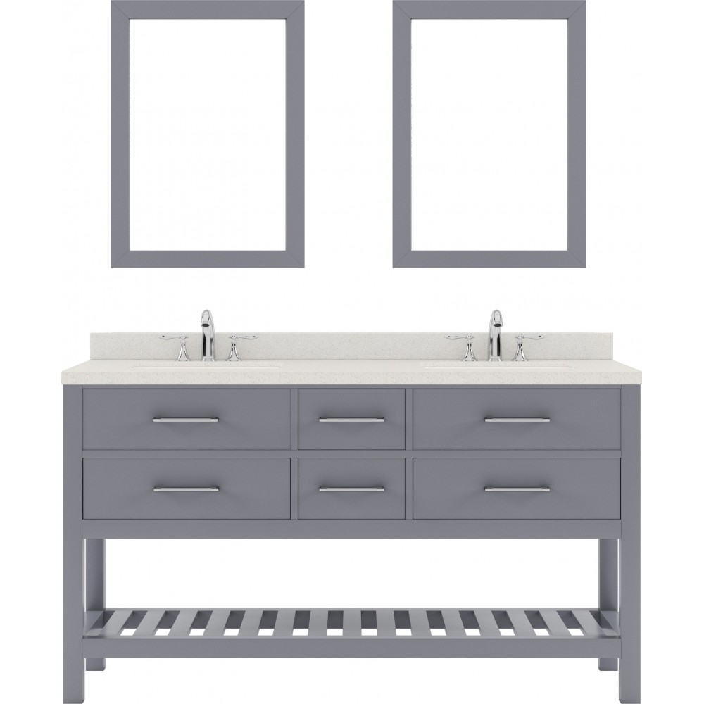 Caroline Estate 60" Double Bath Vanity in Gray with White Quartz Top and Round Sinks with Brushed Nickel Faucets and Mirrors