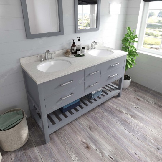 Caroline Estate 60" Double Bath Vanity in Gray with White Quartz Top and Round Sinks with Brushed Nickel Faucets and Mirrors