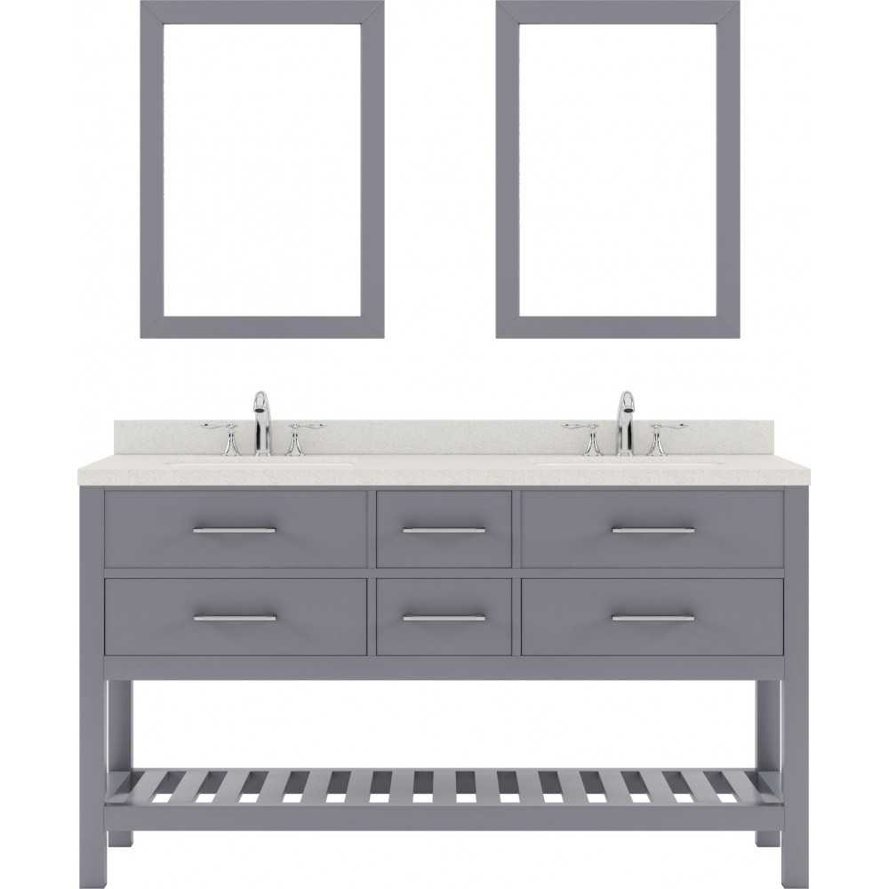 Caroline Estate 60" Double Bath Vanity in Gray with White Quartz Top and Round Sinks with Polished Chrome Faucets and Mirrors