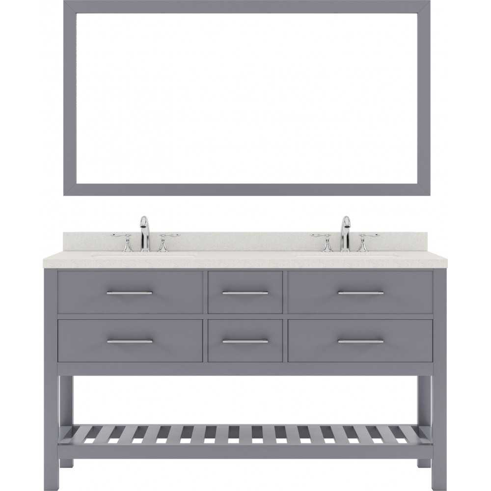 Caroline Estate 60" Double Bath Vanity in Gray with White Quartz Top and Round Sinks and Matching Mirror