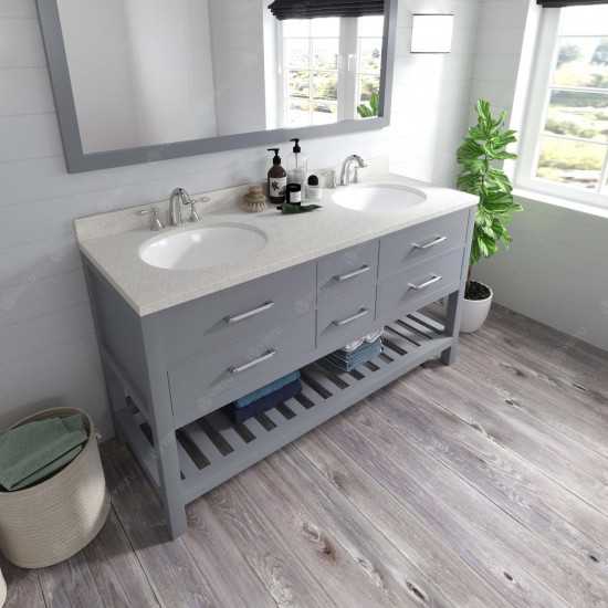 Caroline Estate 60" Double Bath Vanity in Gray with White Quartz Top and Round Sinks and Matching Mirror