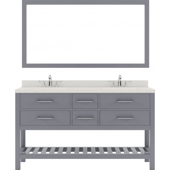 Caroline Estate 60" Double Bath Vanity in Gray with White Quartz Top and Round Sinks with Polished Chrome Faucets and Mirror