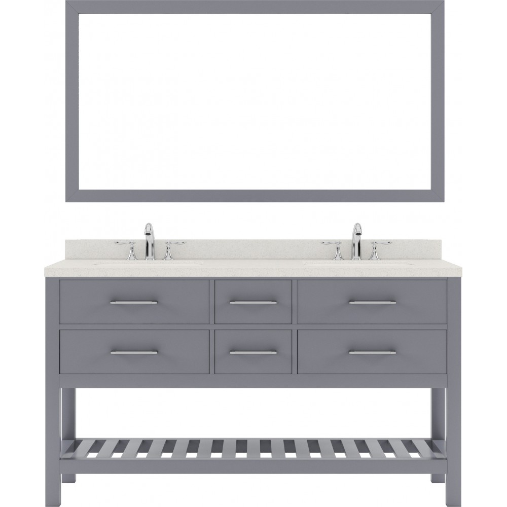 Caroline Estate 60" Double Bath Vanity in Gray with White Quartz Top and Round Sinks with Polished Chrome Faucets and Mirror