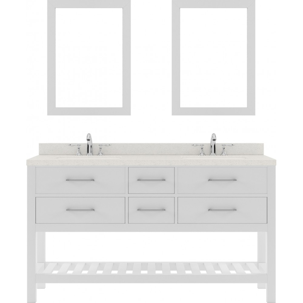 Caroline Estate 60" Double Bath Vanity in White with White Quartz Top and Round Sinks with Brushed Nickel Faucets and Mirrors