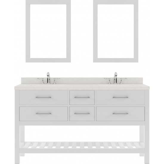 Caroline Estate 60" Double Bath Vanity in White with White Quartz Top and Round Sinks with Polished Chrome Faucets and Mirror