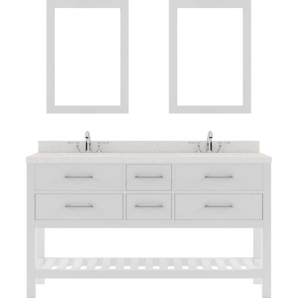 Caroline Estate 60" Double Bath Vanity in White with White Quartz Top and Round Sinks with Polished Chrome Faucets and Mirror