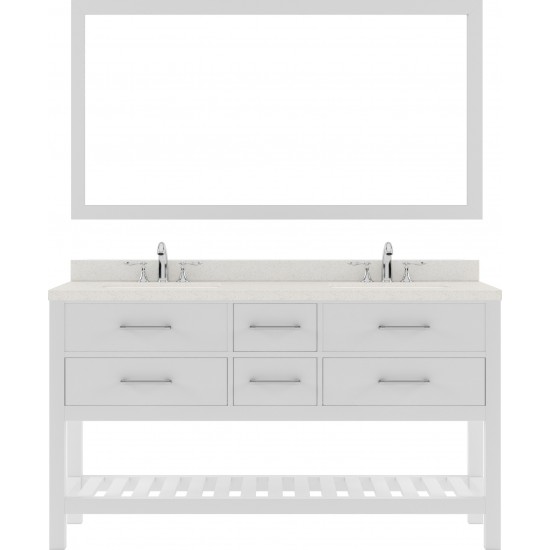 Caroline Estate 60" Double Bath Vanity in White with White Quartz Top and Round Sinks with Polished Chrome Faucets and Mirror