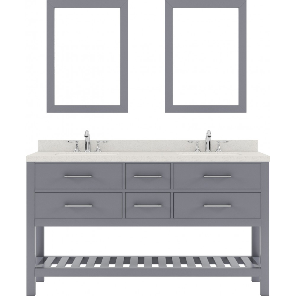 Caroline Estate 60" Double Bath Vanity in Gray with White Quartz Top and Square Sinks and Matching Mirrors