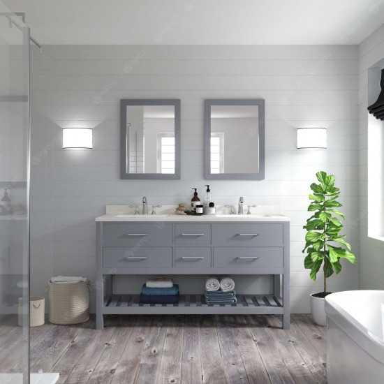 Caroline Estate 60" Double Bath Vanity in Gray with White Quartz Top and Square Sinks and Matching Mirrors