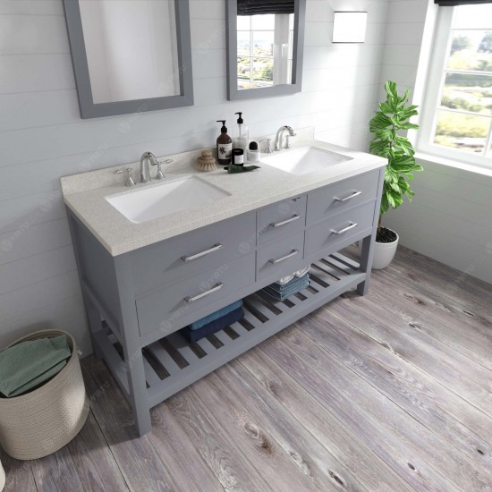 Caroline Estate 60" Double Bath Vanity in Gray with White Quartz Top and Square Sinks and Matching Mirrors