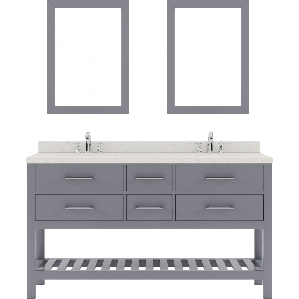 Caroline Estate 60" Double Bath Vanity in Gray with White Quartz Top and Square Sinks with Brushed Nickel Faucets and Mirrors