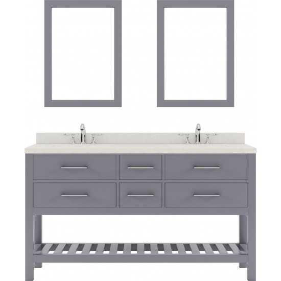 Caroline Estate 60" Double Bath Vanity in Gray with White Quartz Top and Square Sinks with Polished Chrome Faucets and Mirror