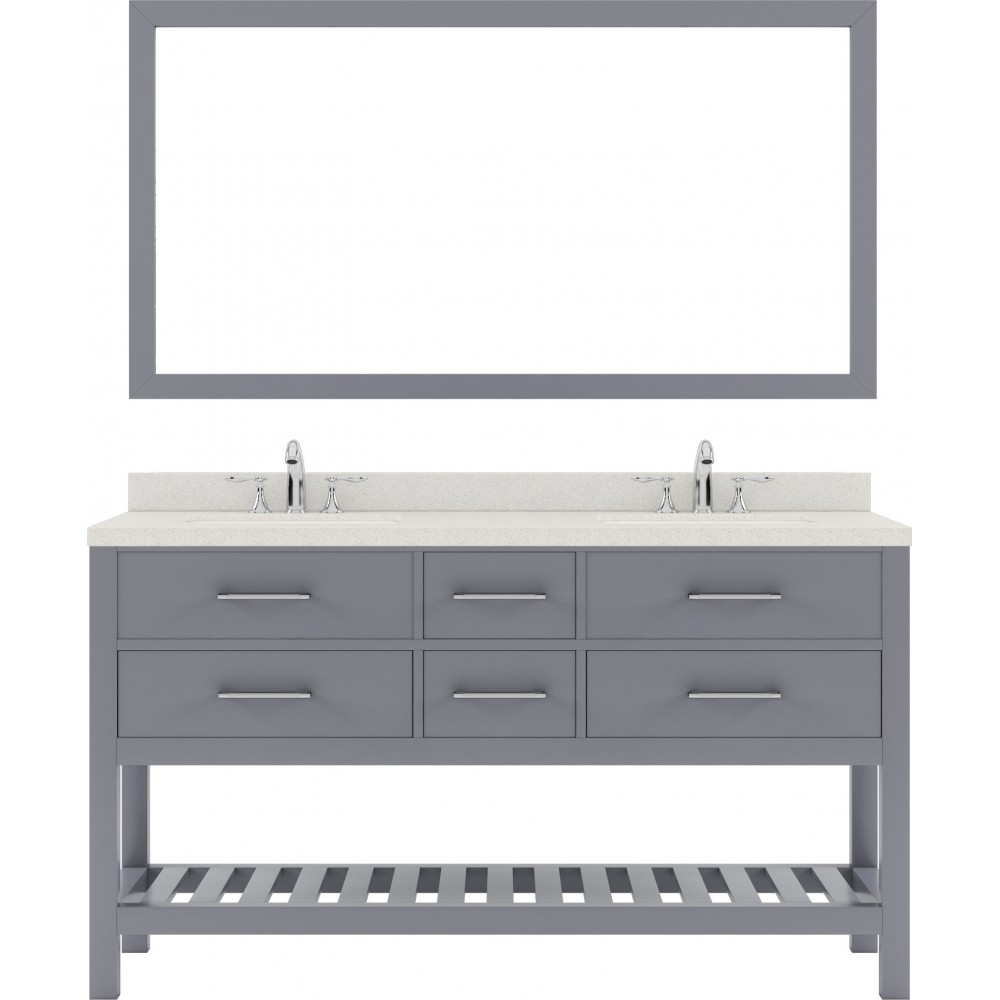 Caroline Estate 60" Double Bath Vanity in Gray with White Quartz Top with Polished Chrome Faucets and Matching Mirror