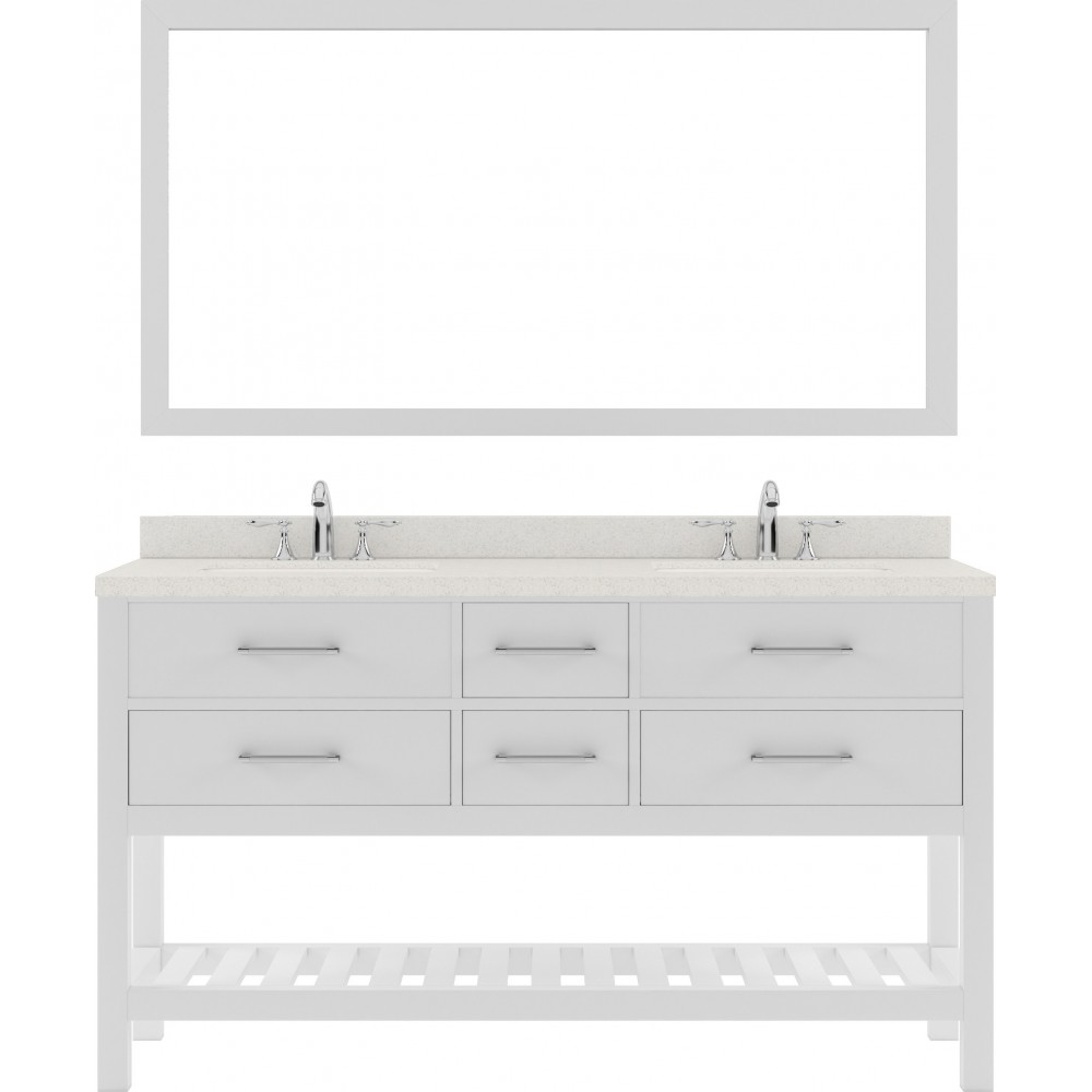 Caroline Estate 60" Double Bath Vanity in White with White Quartz Top with Polished Chrome Faucets and Matching Mirror