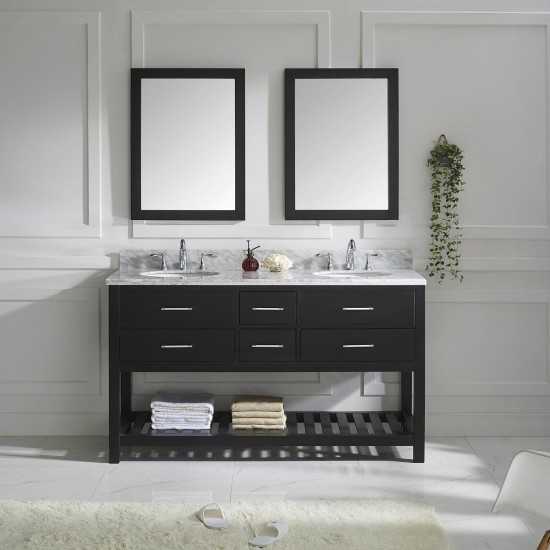 Caroline Estate 60" Double Bath Vanity in Espresso with White Marble Top and Round Sinks and Matching Mirrors