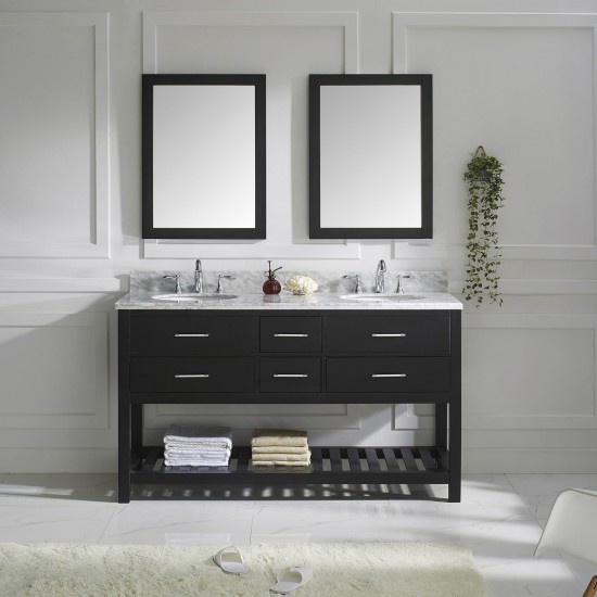 Caroline Estate 60" Double Vanity in Espresso with White Marble Top and Round Sinks with Polished Chrome Faucets and Mirrors