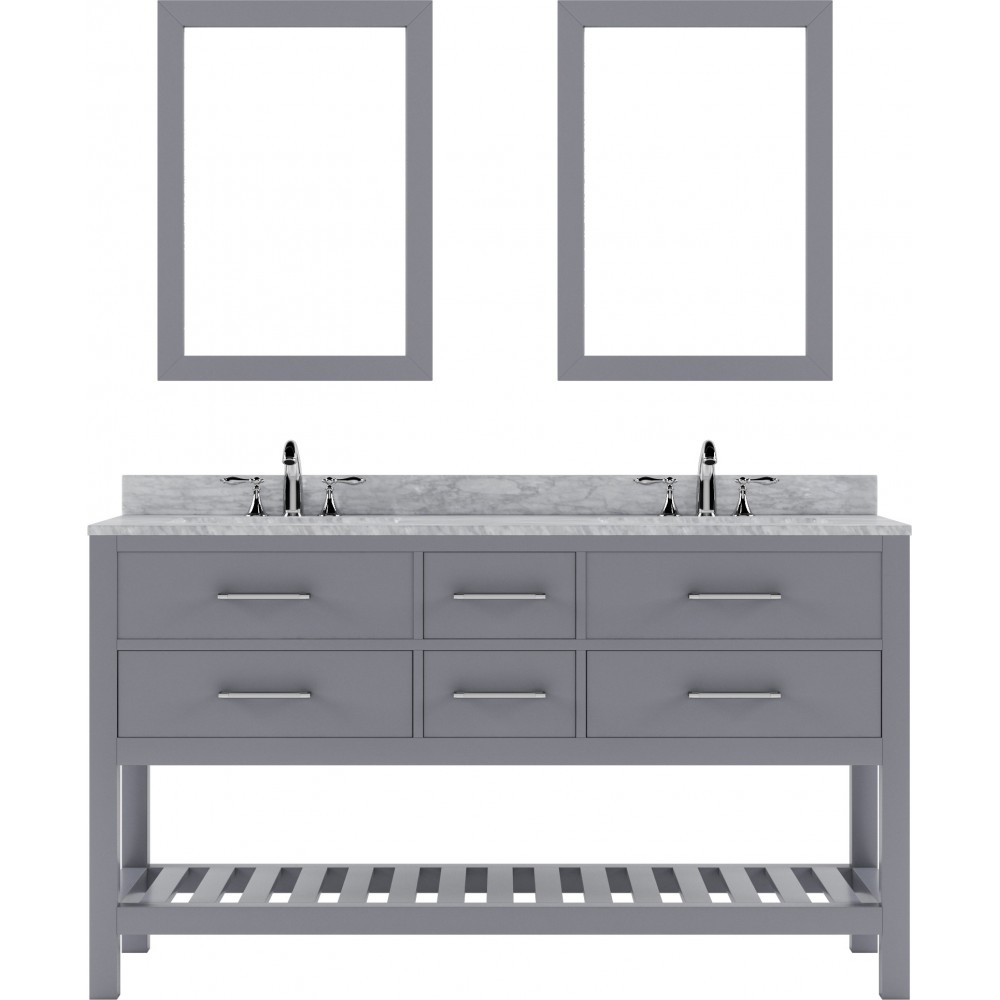 Caroline Estate 60" Double Bath Vanity in Gray with White Marble Top and Round Sinks with Brushed Nickel Faucets and Mirrors