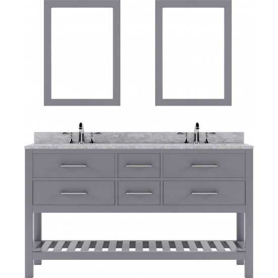 Caroline Estate 60" Double Bath Vanity in Gray with White Marble Top and Round Sinks with Polished Chrome Faucets and Mirrors