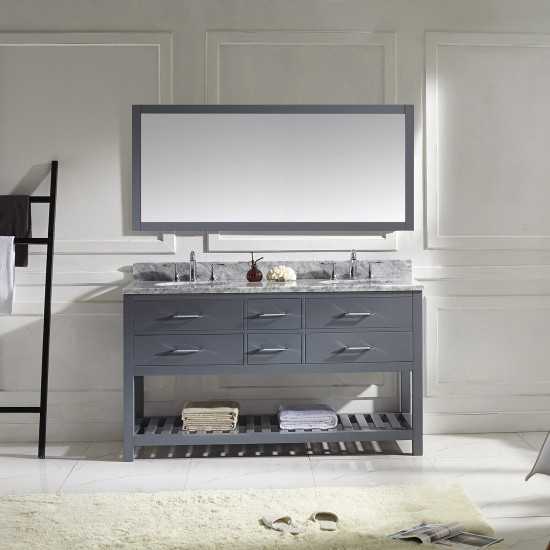 Caroline Estate 60" Double Bath Vanity in Gray with White Marble Top and Round Sinks and Matching Mirror