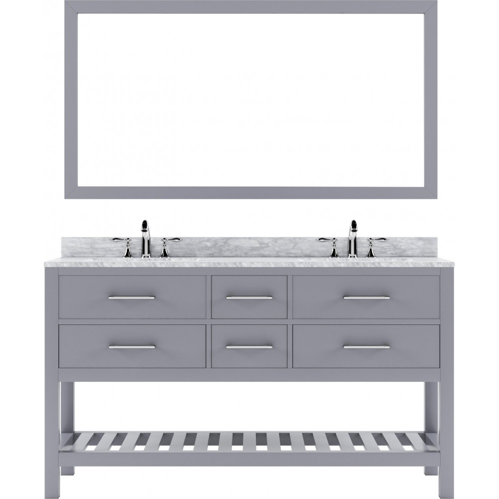 Caroline Estate 60" Double Bath Vanity in Gray with White Marble Top and Round Sinks with Brushed Nickel Faucets and Mirror