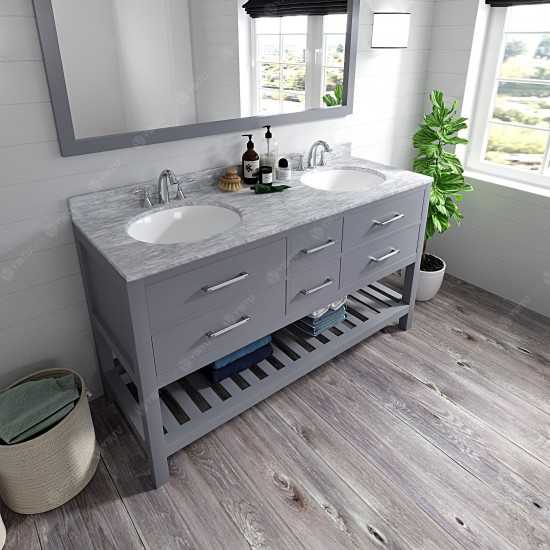 Caroline Estate 60" Double Bath Vanity in Gray with White Marble Top and Round Sinks with Brushed Nickel Faucets and Mirror