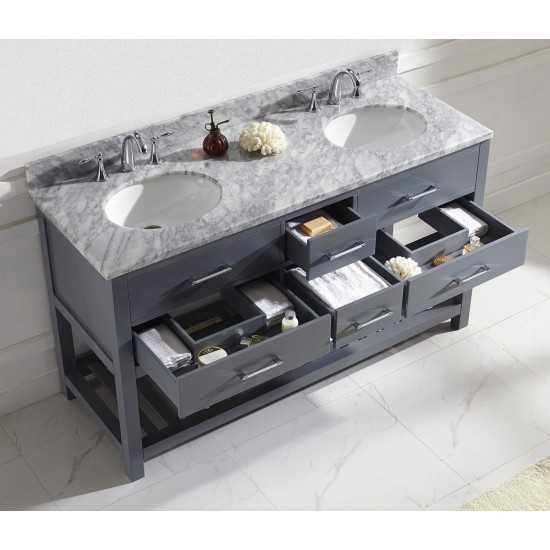 Caroline Estate 60" Double Bath Vanity in Gray with White Marble Top and Round Sinks with Brushed Nickel Faucets and Mirror